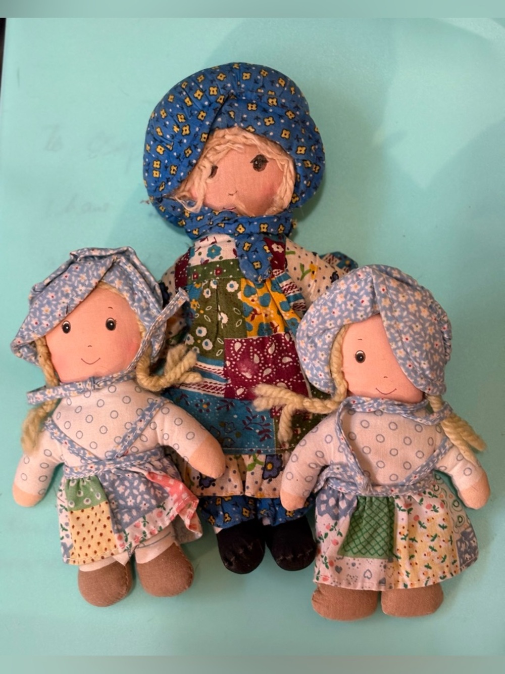 Vintage Holly hobby lot Blue Patchwork Rag Doll Trio & ceramic pin